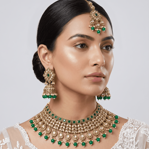 Elegant Kundan Antique Gold Plated Green Emerald <b>Rope</b> <b>Chain</b> Choker Necklace Set Matching Earrings Maang Tikka Engagement Wear - Product Image 4