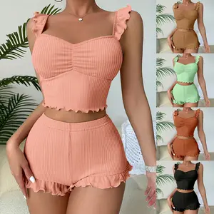 European and American Style Flying Sleeves Sexy Suspender Pajamas Solid Pattern Cross-Border Women's Summer Shorts