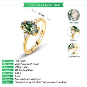Wholesale 925 Silver Jewelry Retro Gemstone <strong>Ring</strong> Gold Plated Hexagon Shape Natural Green <strong>Moss</strong> <strong>Agate</strong> <strong>Ring</strong> - Product Image 2
