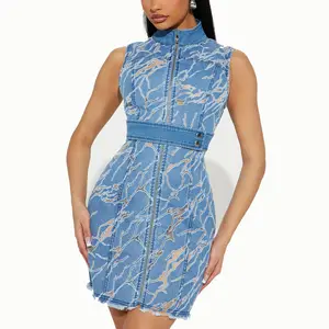 Custom Summer Mini Dresses Clothing Front Zipper Down High Neck Fitted 100% Cotton Fashion Burn Out Women Denim Dress