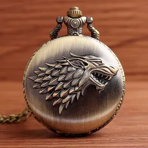 Thrones tema del juego medallón cuarzo reloj de bolsillo collar reloj honor Stark casa Lobo reloj de bolsillo (KWT2208)