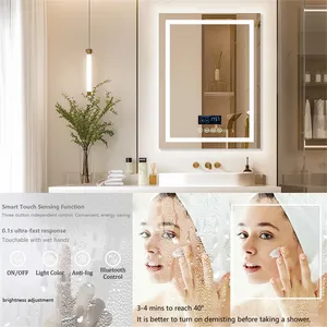 Modern LED Illuminated <b>Bathroom</b> Rectangle Wall Mount Mirror Smart <b>Bluetooth</b> <b>Speaker</b> Time Temperature Display Memory Apartment - Product Image 5