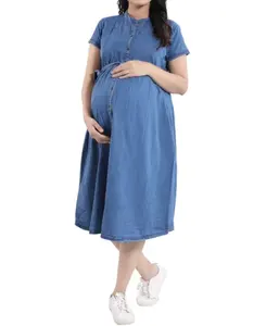 Vestido vaquero azul claro a la moda para mujer, Vestido de manga corta para maternidad/alimentación/lactancia, camisa abotonada, Vestido vaquero Midi