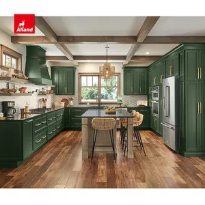 AllandCabinet Customized Green Painted Solid Wood Shaker Style U Shaped Kitchen Cabinet with Island and Crown Top Line