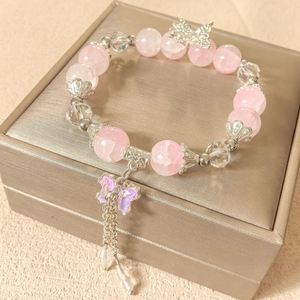 Korean Pink Crystal <b>Flowers</b> Butterfly Pendant Beaded Bracelet for Women <b>Sweet</b> Beads Chain Bracelets Girlfriend Jewelry Gifts - Product Image 1
