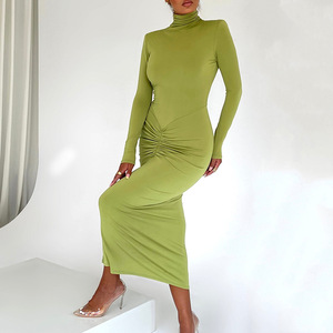 Vestido Midi Fruncido de Manga Larga con Cuello Alto para Mujer, Vestido de Noche a la Moda con Cintura Natural y Ajuste Cómodo - Product Image 2