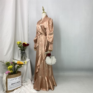 Fashion Modest Women Muslim <b>Dress</b> V-Neck Pleated Design Pretty Flowers Print Satin Islamic Turkey <b>Dress</b> 6572# - Product Image 5