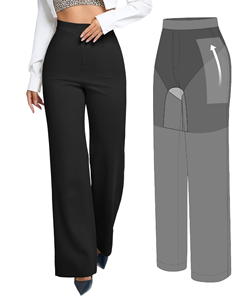 Pantalon large taille haute pour femme, couleur unie, en crêpe, coupe ample, longueur complète, taille élastique, style décontracté automne avec poches - Product Image 1