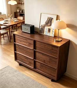 Midcentury Modern Solid Wood Storage Cabinet <b>6</b> <b>Drawers</b> Slab Doors Living Room Furniture - Product Image 3