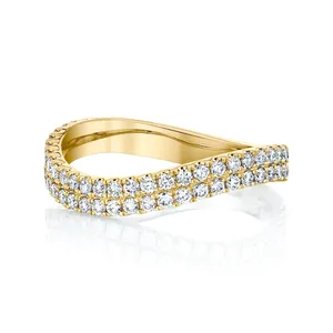 Curved 18K Gold Plated Two Row Eternity Band Ring 925 Sterling Silver Jewelry for Girls