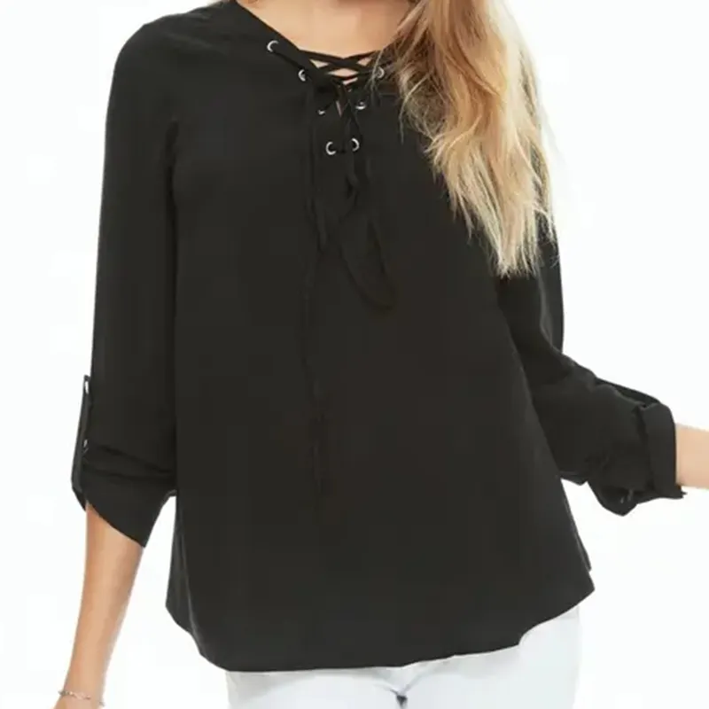 Manufacturer Summer women's Long sleeves blouse 100% Viscose Black Lace Up Oversized Blouse