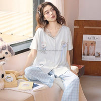 Piyama Kasual Lucu Motif Kartun 2 Potong untuk Musim Panas, Bahan Katun Snowflake, Lembut, Bernapas, Pakaian Tidur Wanita Longgar ODM