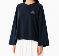 Chemisier ample et court pour femme, à manches longues, broderie lotus, manches cloche larges, coupe décontractée, bleu marine, pour usage quotidien