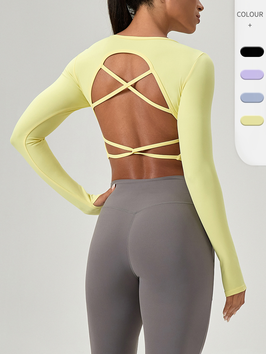 Women Crisscross Back Long Sleeve Yoga Top, 4-Way Stretch Breathable Workout Shirt
