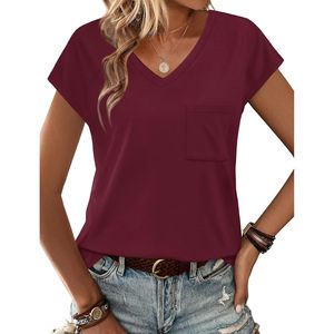 T-shirt col en V pour femme, manches courtes, bordeaux, avec poche, haut décontracté d'été, jersey de coton respirant, taille M - Product Image 1