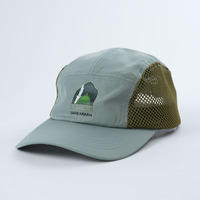 Gorras de campamento para correr con logotipo de impresión no estructurado verde Gorra de campamento de tela de poliéster de malla Wish Gorra de campamento de 5 paneles personalizada de alta calidad Sombreros