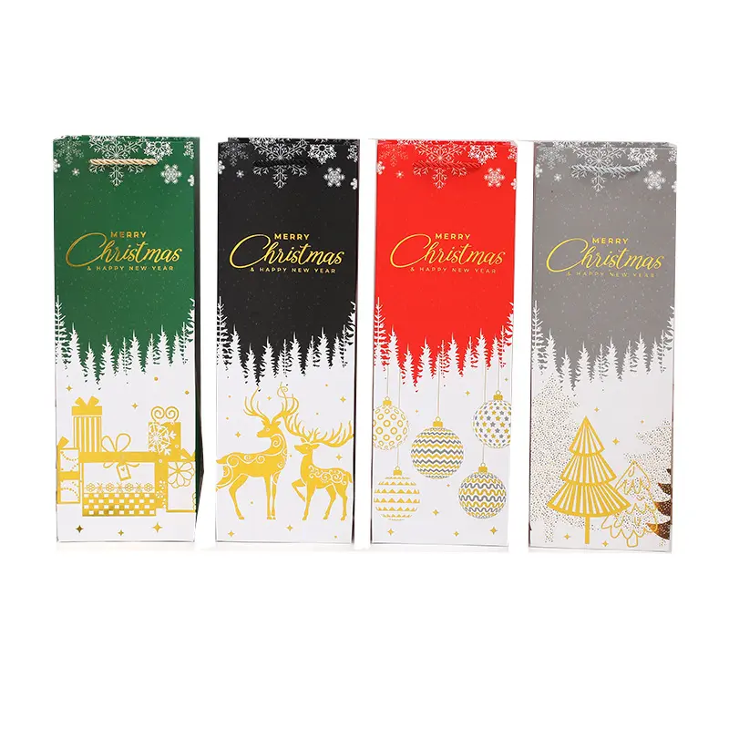 Stock Gold Stamping Christmas Gift Bag Custom Packaging Upmarket Wine Bottle Paper Tote Bag for business