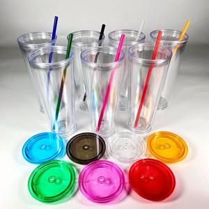 Vaso transparente de tapa plana preperforada de acrílico de plástico con aislamiento de doble pared de 24oz vaso en blanco de colores mezclados con tapas y pajitas - Product Image 2