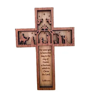 Custom Laser cut engraved Christmas ornament Wooden Nativity Scene Scripture Cross for decoration gifts