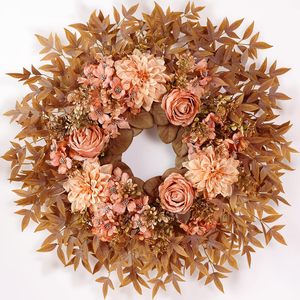 Easy To Obtain Maple Leaf <b>Wreath</b> With Peony And Rose Plastic Autumn Door Hanging Decoration For Harvest Festival Thanksgiving - Product Image 1