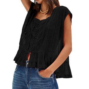 Camicetta Estiva 2026 per Donna in 95% Cotone 5% Spandex con Inserti in <span class=keywords><strong>Pizzo</strong></span>, Maniche Corte, Semi-Trasparente, Orlo a Volant e Bottoni - Product Image 2