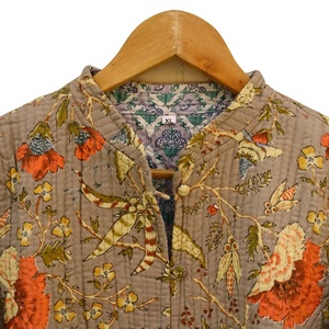 Beautiful Reversible Hand Block Printed Cotton Quilted <b>Jacket</b> Featuring An Elegant Olive Grey Base Adorned With Vibrant Coral - Product Image 1
