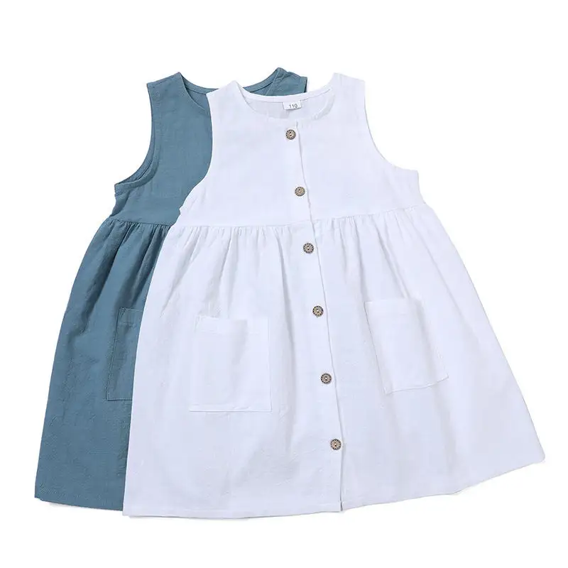 Ins Hot New Girl Princess Summerdress Shirts Custom Solid Color Cotton And Linen Children's Dress Set For Summer