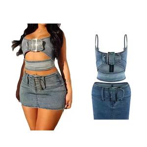 Conjunto Sexy de Dos Piezas <span class=keywords><strong>para</strong></span> Mujer, Top Corto de Mezclilla con Tirantes y Pantalones Cortos con Recortes, <span class=keywords><strong>Ropa</strong></span> de Verano, Estilo Urbano, <span class=keywords><strong>para</strong></span> Club - Product Image 1