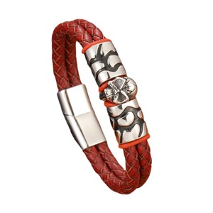 Factory Outlet Double Leather Rope Woven <b>Bracelet</b> Stainless Steel Magnetic Clasp Genuine Leather Metal Skull for Mens <b>Bracelet</b> - Product Image 5