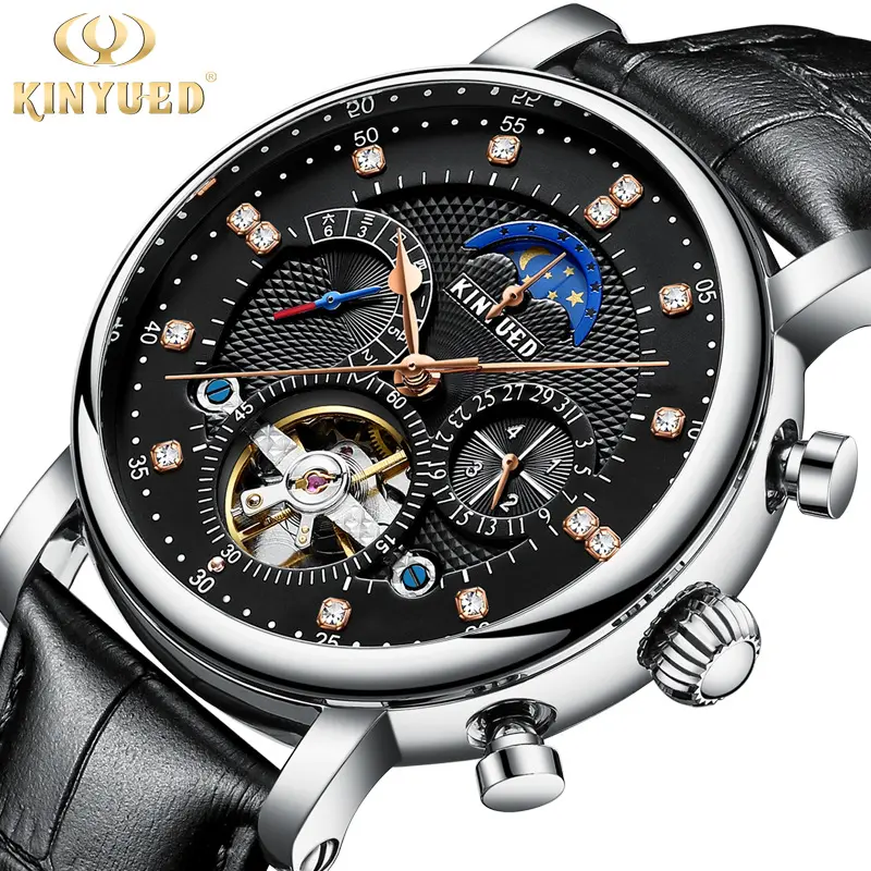 KINYUED J025 classic black men mechanical watch formal Leather band full automatic date week display transparent scrolling watch