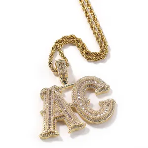 Hiphop-Conjunto de letras cuadradas de tamaño grande para mujer, con diamantes de imitación, placa de nombre de oro, collar, joyería de circón personalizada