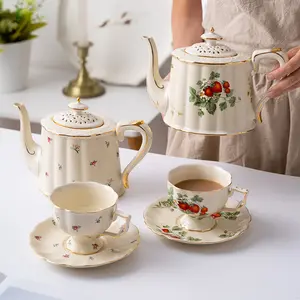 Retro Gold Rim Cream Color Strawberry Ceramic Afternoon Tea Coffee Cup Saucer Milk Tea Cup Teapot Set