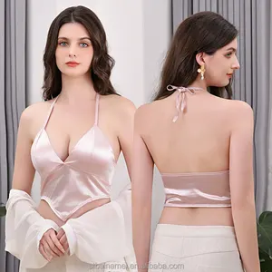 Nuovo corto collo a V avvolgente Sexy da donna Bustier Satin seta ghiaccio traspirante e senza marcatura con reggiseno Push-Up biancheria intima a canotta