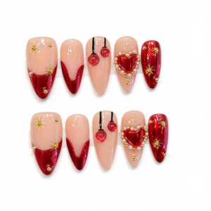 <span class=keywords><strong>Uñas</strong></span> Postizas Almendradas Medianas Hechas a Mano, Color Rojo Intenso Aura, Corazón de Perla 3D <span class=keywords><strong>y</strong></span> Estrella Dorada, <span class=keywords><strong>Uñas</strong></span> Rojas Festivas de Lujo al por Mayor - Product Image 1