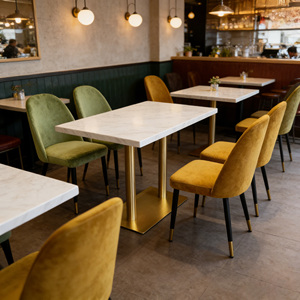 Set Moderno di Tavolo e Sedie per Ristorante con Piano in Marmo, Arredamento Commerciale in Velluto per Caffè, Bistrot e Coffee Shop - Product Image 1