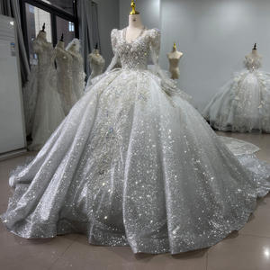 فستان زفاف رائع برقبة على شكل V ، فساتين زفاف ، دانتيل مزين بالترتر مع الخرز للنساء ، فستان كرة XS103 بأكمام طويلة لأم العروس - Product Image 3