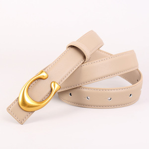 Cinturón <span class=keywords><strong>de</strong></span> <span class=keywords><strong>Cuero</strong></span> Genuino <span class=keywords><strong>para</strong></span> <span class=keywords><strong>Mujer</strong></span> con Hebilla Dorada en Forma <span class=keywords><strong>de</strong></span> C, Cinturón <span class=keywords><strong>de</strong></span> Color Sólido - Product Image 5