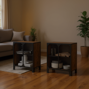 Mobiletto Rustico Marrone 28.3x14.2x32.3 in Metallo e MDF per Soggiorno, 2 Scomparti, 2 Ripiani, Anta a Lastra - Product Image 2