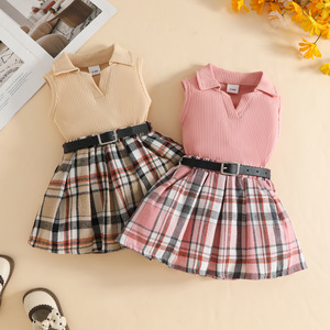 Ensemble trois pièces pour bébé de 0 à 3 <span class=keywords><strong>ans</strong></span> : haut sans manches à col châle à rayures en relief + jupe écossaise classique + <span class=keywords><strong>ceinture</strong></span>, été - Product Image 3
