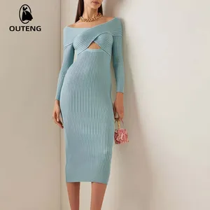 Hot Selling Off-the-shoulder Design Women's Knitwear Elegant Slim Rib Summer Knitted Dresses Knit Dress