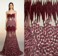Vente en gros usine – Tissu en dentelle 3D rose mauve fait main avec fleurs en velours et broderie de perles pour vêtements – En stock