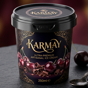 Helado Artesanal Ultra Premium KARMAY, 250 ml, Tazón Redondo de Plástico con Tapa, Diseño con Estampado Dorado - Product Image 1