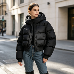 <strong>Womens</strong> Knitted Cropped Puffer Jacket <strong>Black</strong> <strong>Hooded</strong> Trendy Oversized Zip Thick Winter Eco-Friendly Custom Logo Outerwear Wholesale - Product Image 1