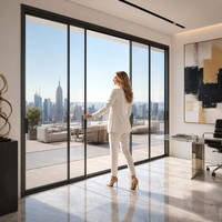 Porte coulissante en verre pour bureau Design Studio, cadre extra fin noir mat pour une transparence maximale, béton poli