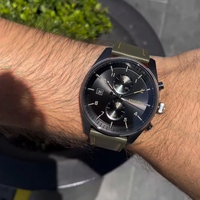 Montre Chronographe Sportive Tendance à Quartz, Cadran en Verre, Boîtier en Acier Inoxydable, Bracelet en Cuir 22mm, 44mm, Aiguilles Lumineuses, Étanchéité 30m