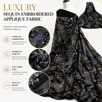 Tissu en tulle noir brodé de fleurs, de sequins et de perles, dentelle en maille brodée multicolore pour robes de soirée haute couture, sur mesure OEM