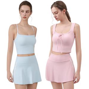 Damen Tennisrock-Set in Kontrastfarben, sexy rückenfreies Crop-Top, seitlich gestreifter Minirock, Golf-Tennis-Outfit - Product Image 1