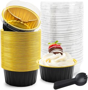 125ml Mini moules à pain avec couvercles Petits récipients à gâteaux Tasses de cuisson pour pouding Soufflé Fête Mariage Anniversaire Noir Or - Product Image 1