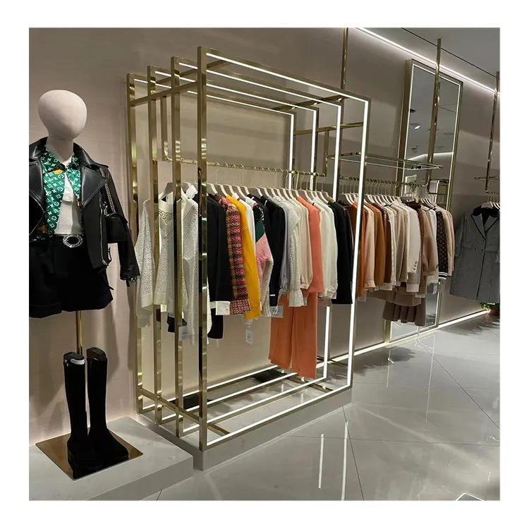 Expositor de roupas femininas em aço inoxidável para lojas de roupas, luminária de metal com LED