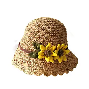 Chapéu de palha para proteção solar, chapéu líder de urso flores de verão chapéu de palha protetor solar para praia chapéu de sol de tecido feminino